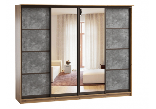Шкаф купе 4 двери (дуб вотан, цемент светлый, профиль коньяк)